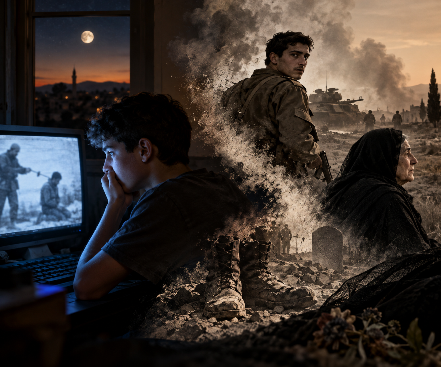 A young boy watches a disturbing scene on a computer screen while a soldier fades into a war-torn landscape and a grieving grandmother dressed in black looks toward the distance.
